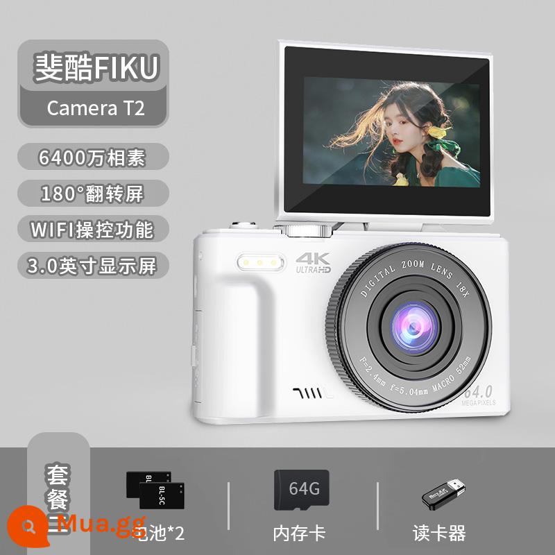 Feiku có thể lật camera micro ống kính đơn HD 4K màn hình lật sinh viên du lịch di động cấp nhập cảnh tại nhà - Gói 2: Màn hình lật màu trắng ngà + Truyền WiFi + Pin × 2 + 64G + Đầu đọc thẻ