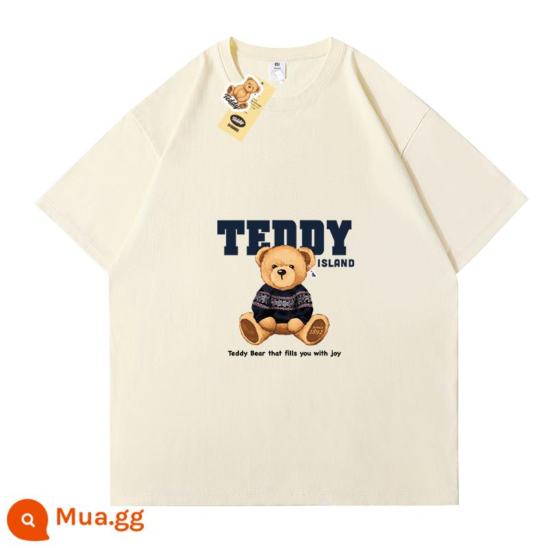 TEDDY ISLAND đồng thương hiệu ngắn tay 2024 mới phong cách Hàn Quốc Áo thun dáng rộng trễ vai tay ngắn - Gấu xanh yên tĩnh [Màu be]