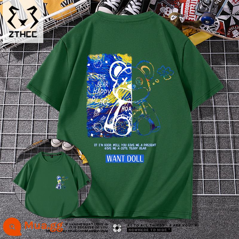 Áo thun nam ngắn tay mùa hè thương hiệu T-shirt cỡ lớn phong cách Mỹ 2023 mới phù hợp với tất cả các trận đấu chàng trai cotton lỏng nửa tay - Gấu bầu trời đầy sao màu xanh đậm_KB