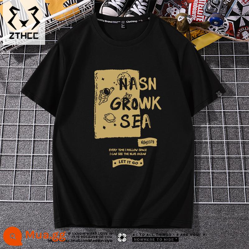 Áo thun nam ngắn tay mùa hè thương hiệu T-shirt cỡ lớn phong cách Mỹ 2023 mới phù hợp với tất cả các trận đấu chàng trai cotton lỏng nửa tay - màu đen xuyên suốt thiên hà màu vàng