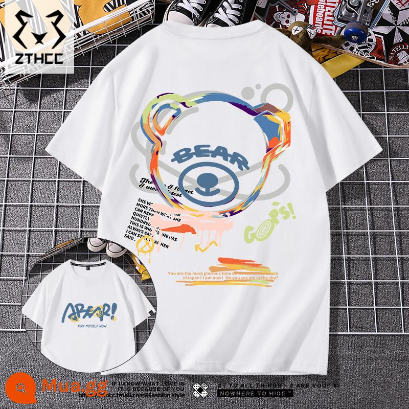 Áo thun nam ngắn tay mùa hè thương hiệu T-shirt cỡ lớn phong cách Mỹ 2023 mới phù hợp với tất cả các trận đấu chàng trai cotton lỏng nửa tay - Tranh sơn dầu gấu trắng đen_ZB