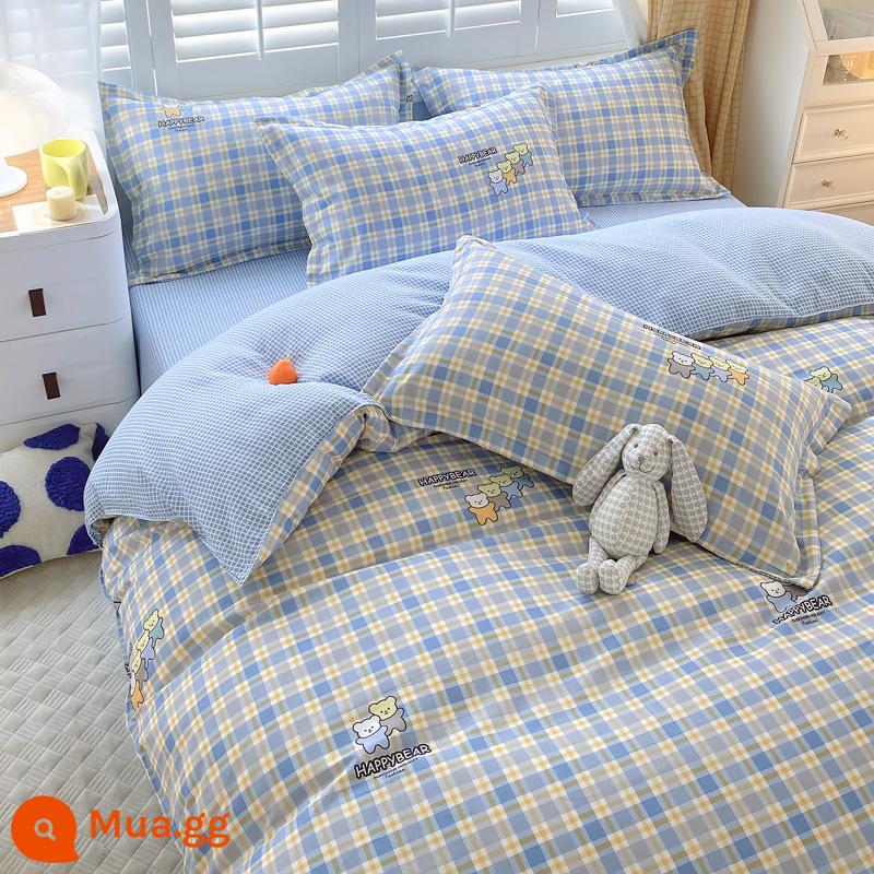 Bộ đồ giường bốn mảnh bằng vải cotton đã giặt, vỏ chăn đôi, vỏ chăn chải dày, bộ ba mảnh ký túc xá sinh viên bằng vải cotton thân thiện với da - bạn tốt