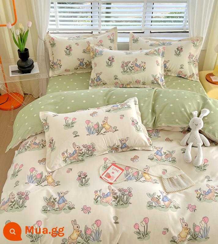 Bộ đồ giường bốn mảnh bằng vải cotton đã giặt, vỏ chăn đôi, vỏ chăn chải dày, bộ ba mảnh ký túc xá sinh viên bằng vải cotton thân thiện với da - thỏ cưng