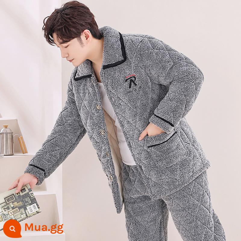 Nam Mới Mùa Thu Đông 3 Lớp Cotton Bộ Đồ Ngủ Nhung San Hô Plus Nhung Dày Dép Nỉ Nhà Quần Áo Mùa Đông phù Hợp Với - Hoa màu xám M6615