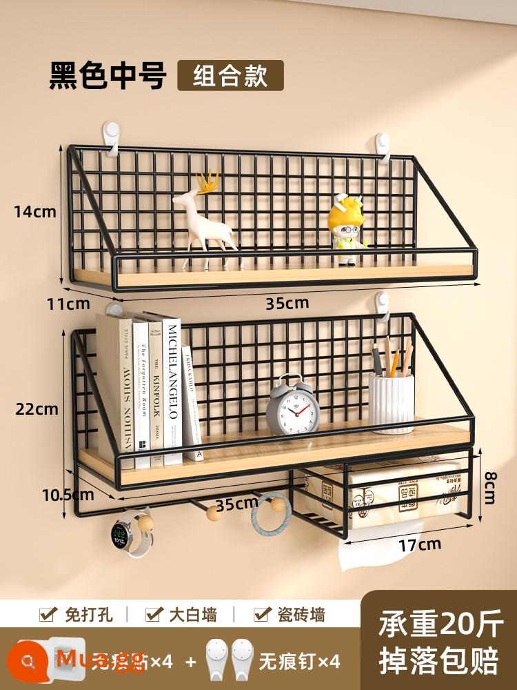 Giá treo tường đầu giường punch-free ký túc xá sinh viên hiện vật phòng ngủ những điều tốt đẹp vách ngăn giỏ treo kệ đựng đồ - Kích thước trung bình màu đen có thanh ngang + giá treo khăn giấy [miếng dán không dấu + móng tay không dấu]