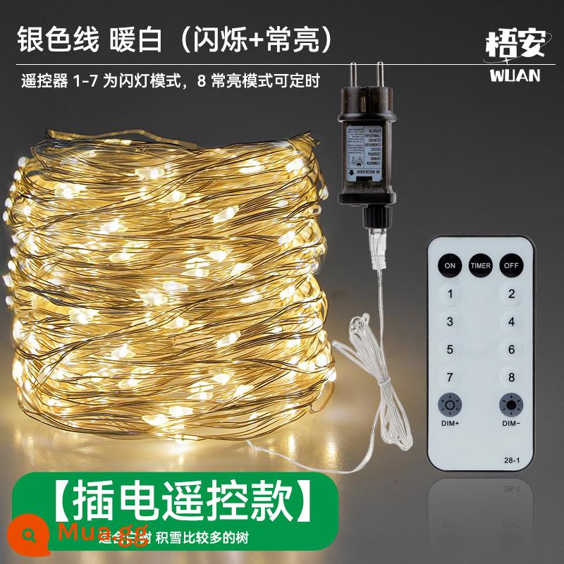 Đèn cây thông Noel điều khiển từ xa Đèn lồng trang trí dây đồng Đèn lồng ngôi sao dây đèn đầy sao cây xanh Vòng hoa Giáng sinh trang trí - [Mẫu điều khiển từ xa cắm-Dây bạc màu trắng ấm] 50 mét/100 mét (nhấp nháy + ánh sáng ổn định)