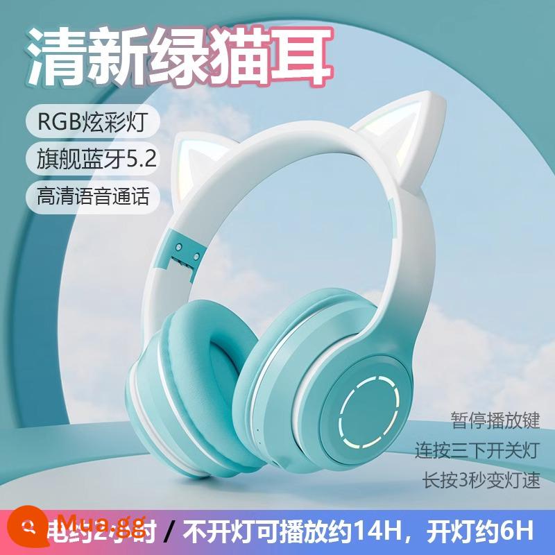 Tai nghe Bluetooth gắn đầu mới, tai nghe thi đấu không dây có micro, phát sáng game, giảm tiếng ồn, có dây, phù hợp với Sony - Tai mèo xanh tươi (★Bluetooth 5.2★Chất lượng âm thanh HIFI★Pin siêu dài)