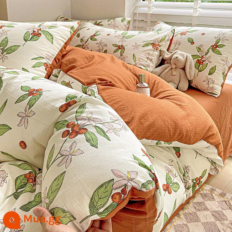 Loại A 4 bộ đồ giường siêu mềm chăn bông jacquard bốn mảnh ký túc xá sinh viên Bộ giường ba mảnh sợi bông hai lớp Xiaozhu - [Bông Xiaoda loại A-Khu vườn mơ ước-Sợi hai lớp]