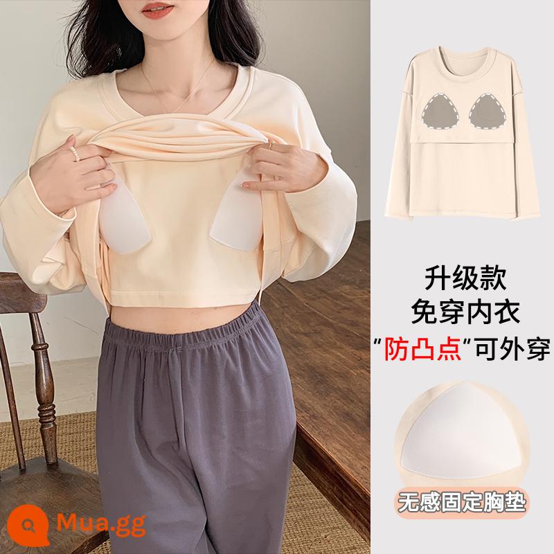 Bộ đồ ngủ Langsha có miếng đệm ngực cho nữ mùa xuân thu mới bằng vải cotton nguyên chất dài tay mùa thu đông phong cách Hàn Quốc bộ quần áo mặc ở nhà cỡ lớn - Y09202