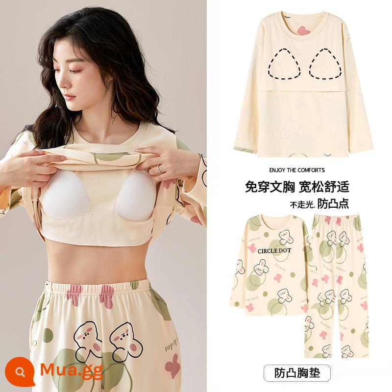 Bộ đồ ngủ Langsha có miếng đệm ngực cho nữ mùa xuân thu mới bằng vải cotton nguyên chất dài tay mùa thu đông phong cách Hàn Quốc bộ quần áo mặc ở nhà cỡ lớn - MJX1060C