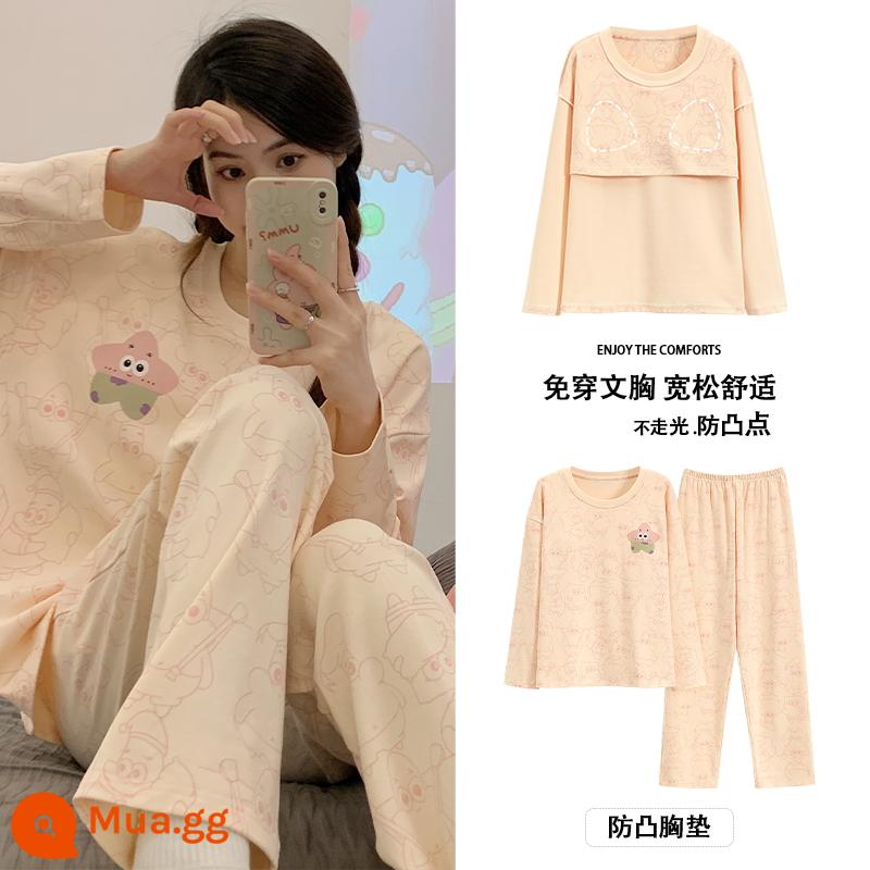 Bộ đồ ngủ Langsha có miếng đệm ngực cho nữ mùa xuân thu mới bằng vải cotton nguyên chất dài tay mùa thu đông phong cách Hàn Quốc bộ quần áo mặc ở nhà cỡ lớn - Y09105