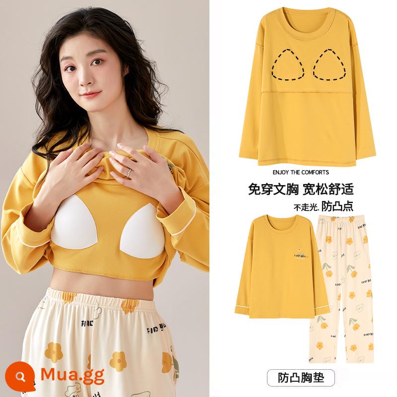 Bộ đồ ngủ Langsha có miếng đệm ngực cho nữ mùa xuân thu mới bằng vải cotton nguyên chất dài tay mùa thu đông phong cách Hàn Quốc bộ quần áo mặc ở nhà cỡ lớn - MJX1035C