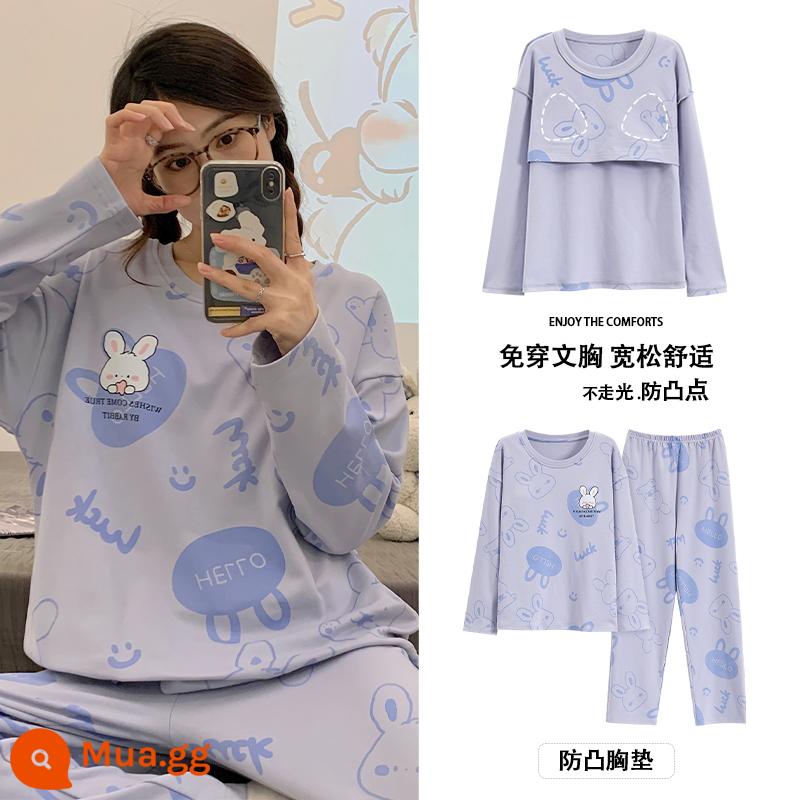 Bộ đồ ngủ Langsha có miếng đệm ngực cho nữ mùa xuân thu mới bằng vải cotton nguyên chất dài tay mùa thu đông phong cách Hàn Quốc bộ quần áo mặc ở nhà cỡ lớn - Y09103