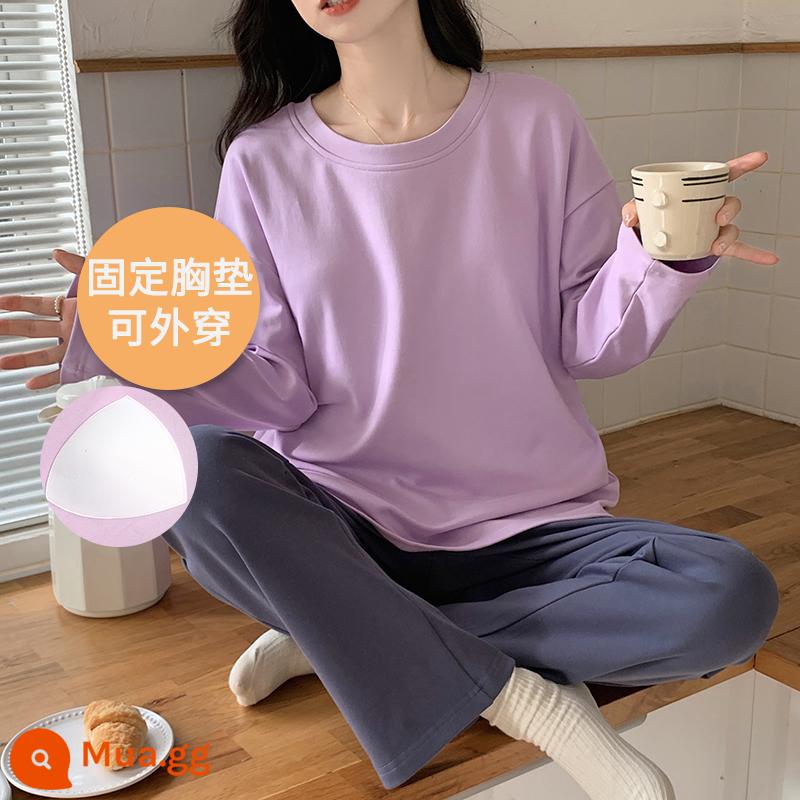 Bộ đồ ngủ Langsha có miếng đệm ngực cho nữ mùa xuân thu mới bằng vải cotton nguyên chất dài tay mùa thu đông phong cách Hàn Quốc bộ quần áo mặc ở nhà cỡ lớn - Y09205