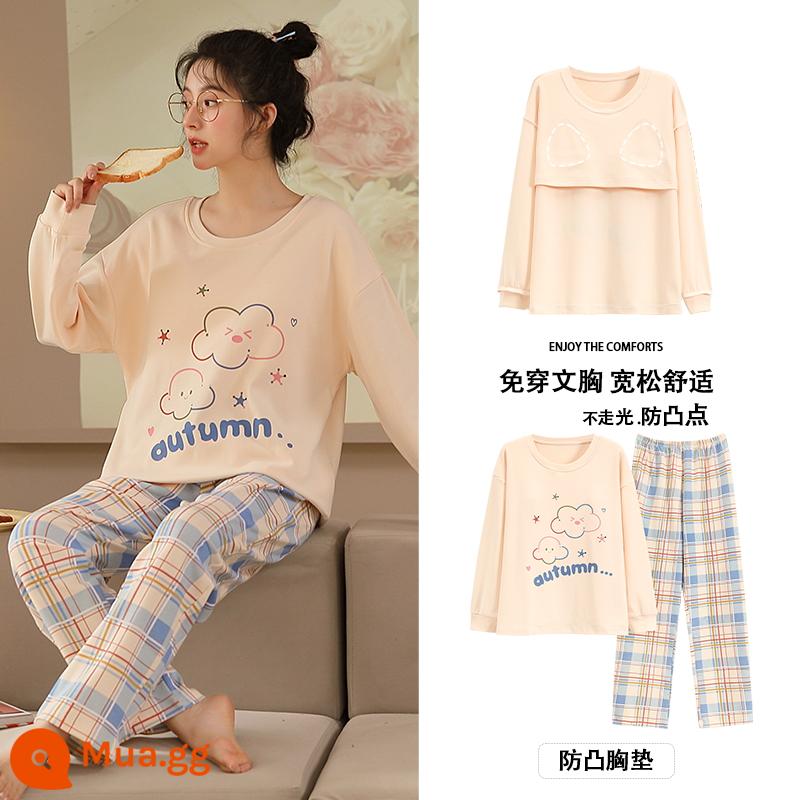 Bộ đồ ngủ Langsha có miếng đệm ngực cho nữ mùa xuân thu mới bằng vải cotton nguyên chất dài tay mùa thu đông phong cách Hàn Quốc bộ quần áo mặc ở nhà cỡ lớn - MJX9302