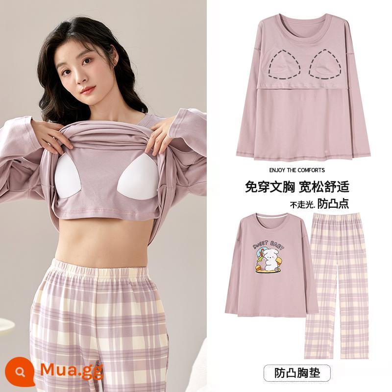 Bộ đồ ngủ Langsha có miếng đệm ngực cho nữ mùa xuân thu mới bằng vải cotton nguyên chất dài tay mùa thu đông phong cách Hàn Quốc bộ quần áo mặc ở nhà cỡ lớn - MJX1034C