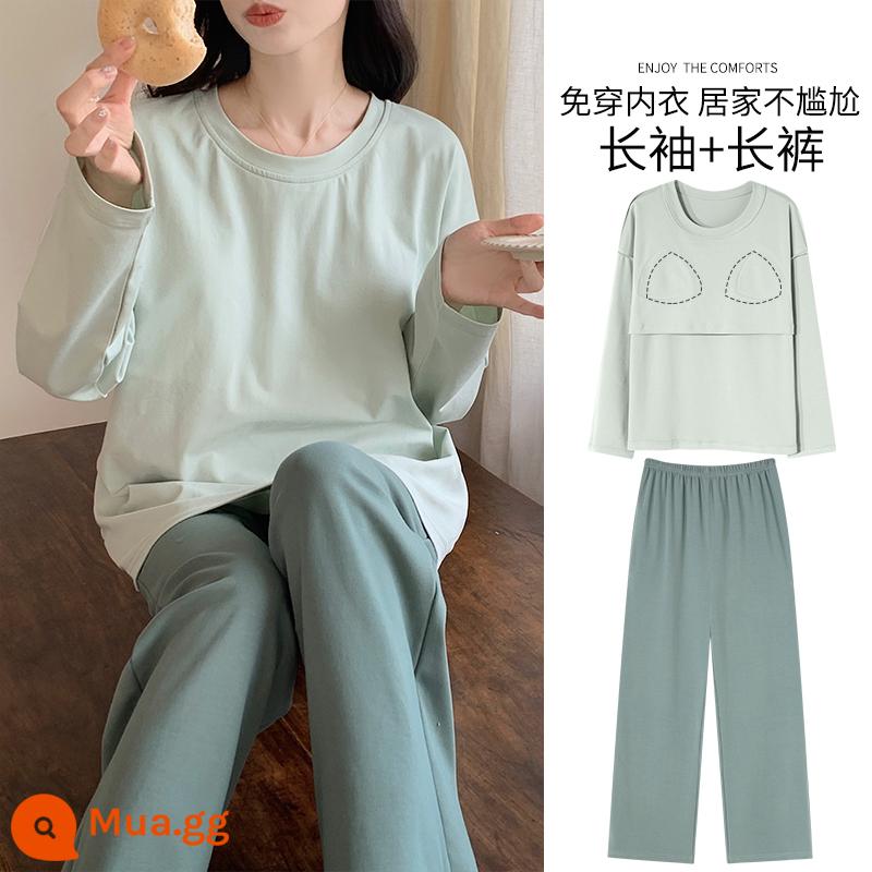 Bộ đồ ngủ Langsha có miếng đệm ngực cho nữ mùa xuân thu mới bằng vải cotton nguyên chất dài tay mùa thu đông phong cách Hàn Quốc bộ quần áo mặc ở nhà cỡ lớn - Y09201