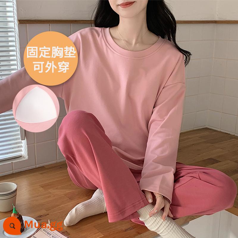 Bộ đồ ngủ Langsha có miếng đệm ngực cho nữ mùa xuân thu mới bằng vải cotton nguyên chất dài tay mùa thu đông phong cách Hàn Quốc bộ quần áo mặc ở nhà cỡ lớn - Y09203