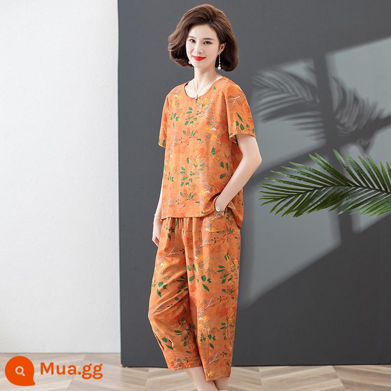 Đầm mùa hè cho mẹ trung niên, áo cotton ngắn tay, bộ đồ hai mảnh rộng rãi giản dị cho phụ nữ trung niên và cao tuổi 2022 mới - Cam + quần