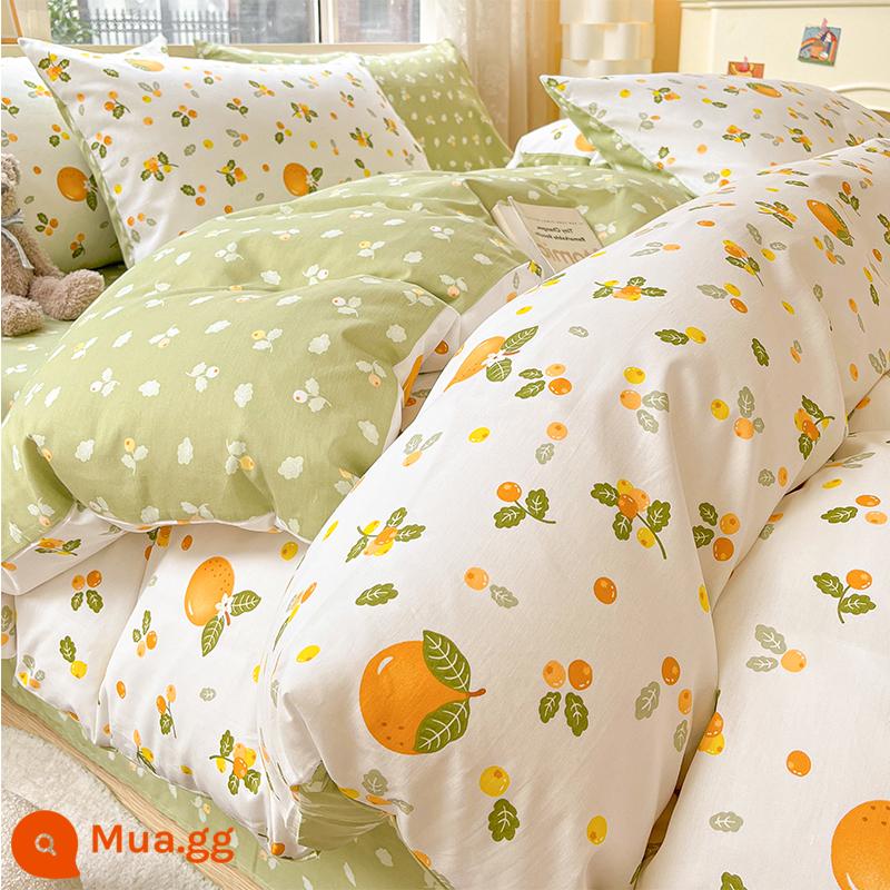 Ins cotton nguyên chất 4 mảnh 100 cotton nhỏ tươi giường nữ đơn vỏ chăn ký túc xá ga trải giường 3 bộ chăn ga gối - Sugar Orange [100% cotton chải kỹ, thân thiện với da và khỏa thân khi ngủ]