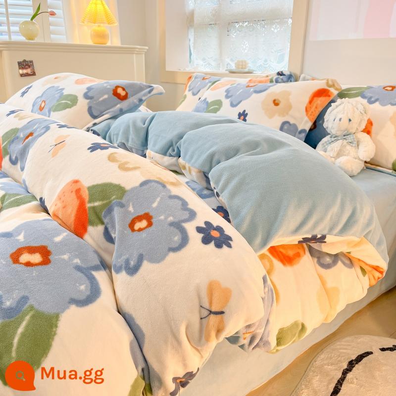 Mùa đông dày sữa nhung giường 4 mảnh 2 mặt nhung san hô vỏ chăn flannel Plus nhung 3 bộ giường ngủ - Mùa xuân màu xanh mật ong [Nhiệt độ không đổi + Khóa ấm + Không tĩnh điện]