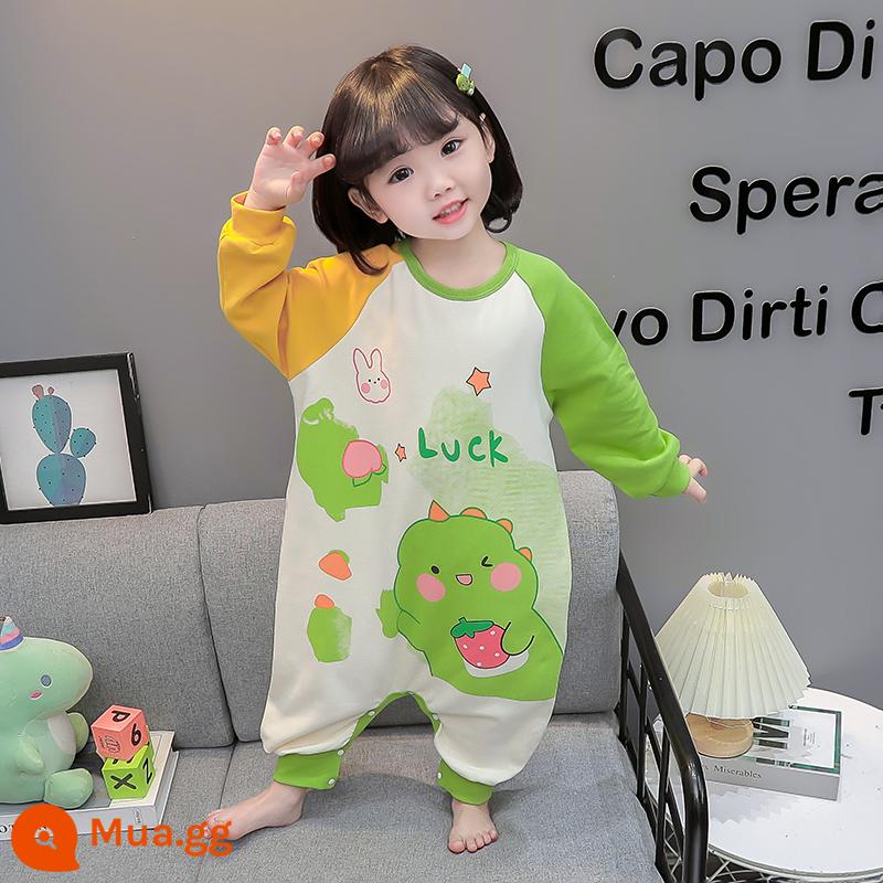 Bộ đồ ngủ liền mảnh mùa xuân thu cotton nguyên chất dài tay mặc nhà cho bé trai và bé gái 1 tuổi 3 túi ngủ chống lạnh cho bé - Khủng long dâu tây