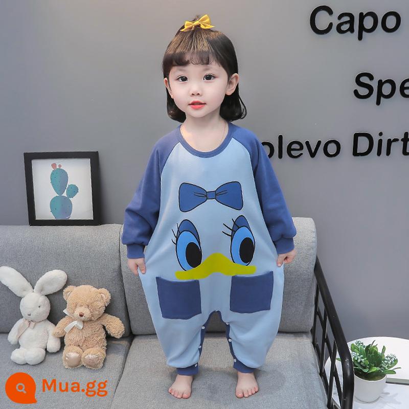 Bộ đồ ngủ liền mảnh mùa xuân thu cotton nguyên chất dài tay mặc nhà cho bé trai và bé gái 1 tuổi 3 túi ngủ chống lạnh cho bé - vịt túi màu xanh