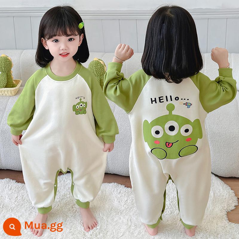 Bộ đồ ngủ liền mảnh mùa xuân thu cotton nguyên chất dài tay mặc nhà cho bé trai và bé gái 1 tuổi 3 túi ngủ chống lạnh cho bé - Quái vật ba mắt màu xanh lá cây