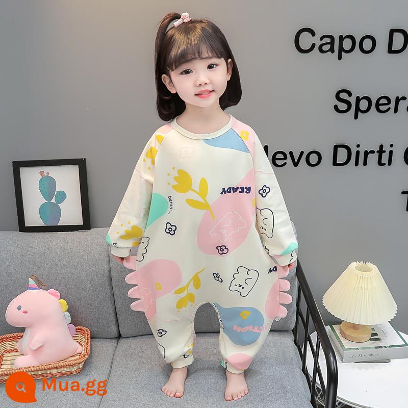 Bộ đồ ngủ liền mảnh mùa xuân thu cotton nguyên chất dài tay mặc nhà cho bé trai và bé gái 1 tuổi 3 túi ngủ chống lạnh cho bé - gấu màu be