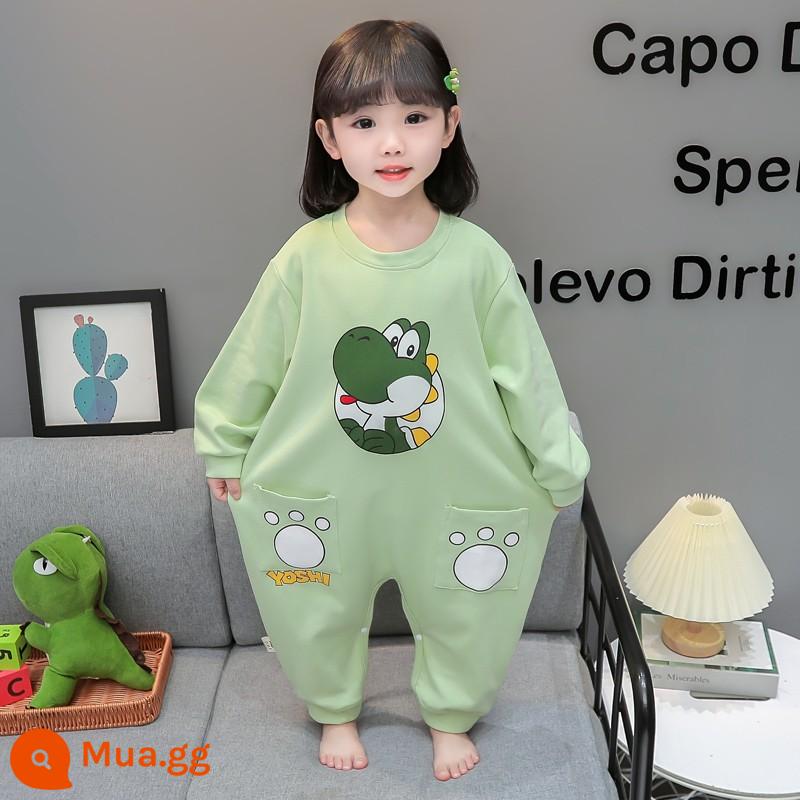 Bộ đồ ngủ liền mảnh mùa xuân thu cotton nguyên chất dài tay mặc nhà cho bé trai và bé gái 1 tuổi 3 túi ngủ chống lạnh cho bé - Khủng long bỏ túi màu xanh nhạt