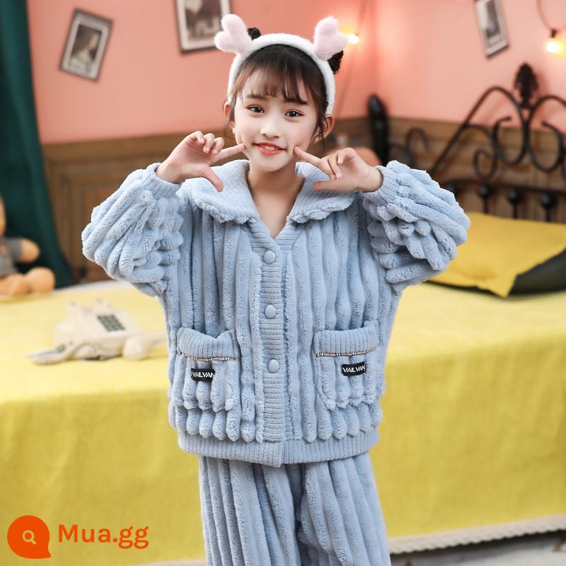 Bộ đồ ngủ flannel trẻ em mùa thu đông dày vừa và lớn bé trai và bé gái san hô lông cừu cộng nhung dài tay Bộ quần áo mặc ở nhà - Thẳng Chồn Nhung-Trời Xanh Nữ