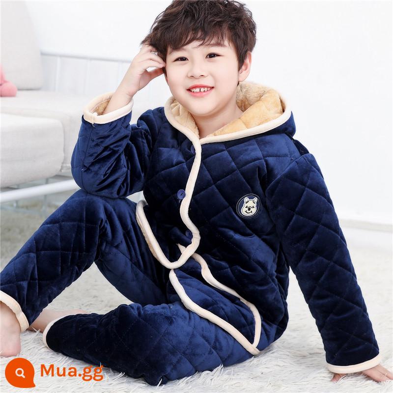 Bộ đồ ngủ cotton cho trẻ em quần áo mùa đông pha lê nhung bộ quần áo ở nhà bé trai và bé gái trung và lớn áo khoác bông cho trẻ em cộng với nhung dày mùa đông - Mũ nhung pha lê màu xanh tinh khiết