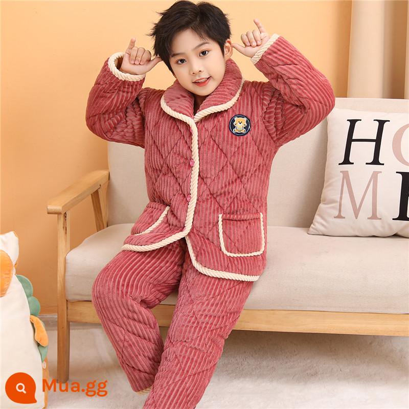 Bộ Đồ Ngủ Bé Gái Mùa Đông Pha Lê Nhung Bé Trai Bé Gái Bé Trai Bé Gái Homewear Flannel Áo Khoác Có Đệm Dày - Áo chần bông dày màu hạt dẻ ba lớp dành cho nam