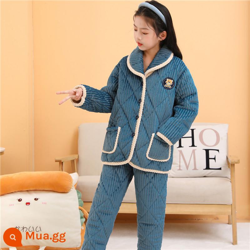 Bộ đồ ngủ cotton cho trẻ em quần áo mùa đông pha lê nhung bộ quần áo ở nhà bé trai và bé gái trung và lớn áo khoác bông cho trẻ em cộng với nhung dày mùa đông - Áo chần bông dày 3 lớp màu xanh da trời dành cho nữ