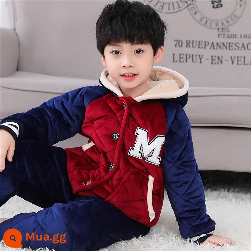 Bộ Đồ Ngủ Bé Gái Mùa Đông Pha Lê Nhung Bé Trai Bé Gái Bé Trai Bé Gái Homewear Flannel Áo Khoác Có Đệm Dày - Đồng phục bóng chày mũ nhung màu đỏ tía pha lê