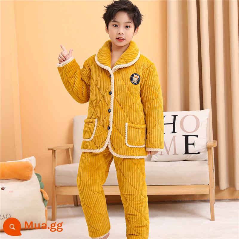 Bộ đồ ngủ cotton cho trẻ em quần áo mùa đông pha lê nhung bộ quần áo ở nhà bé trai và bé gái trung và lớn áo khoác bông cho trẻ em cộng với nhung dày mùa đông - Áo chần bông dày 3 lớp màu vàng cho nam