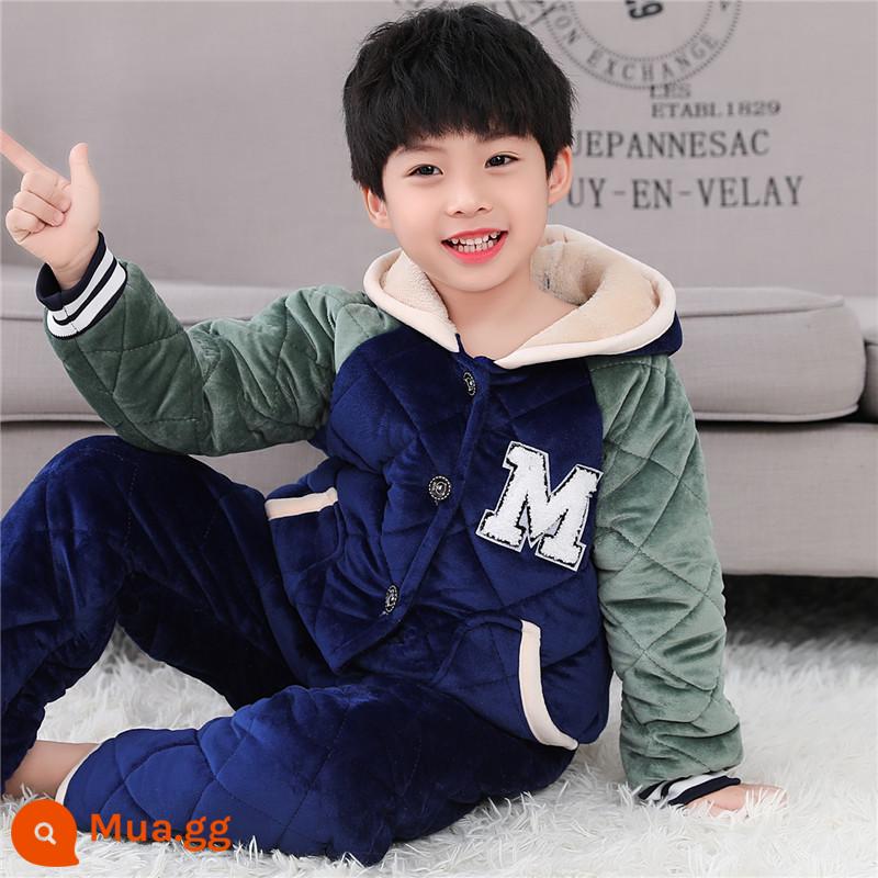 Bộ Đồ Ngủ Bé Gái Mùa Đông Pha Lê Nhung Bé Trai Bé Gái Bé Trai Bé Gái Homewear Flannel Áo Khoác Có Đệm Dày - Đồng phục bóng chày mũ nhung pha lê hải quân