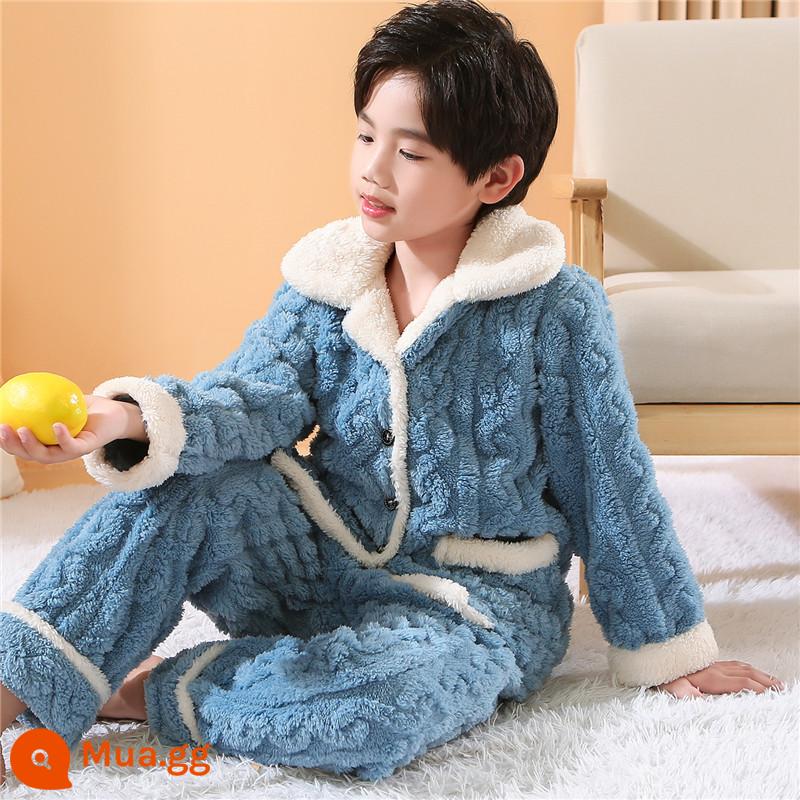 Bộ đồ ngủ lông cừu san hô dày và nhung cho trẻ em mùa thu đông dành cho bé trai và bé gái jacquard flannel phục vụ tại nhà phù hợp với - THPJ nam xanh da trời