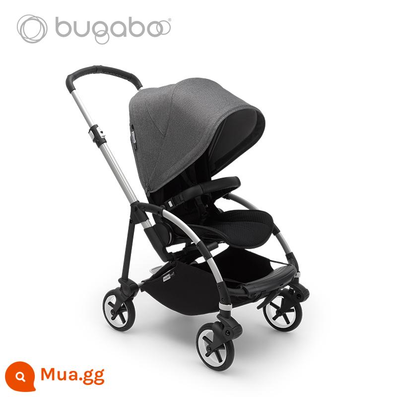 Xe đẩy em bé BUGABOO BEE6 có thể ngồi, nằm nhẹ, có thể gập 2 chiều, chống sốc - Khung bạc, mui xe màu xám gai, ghế màu đen