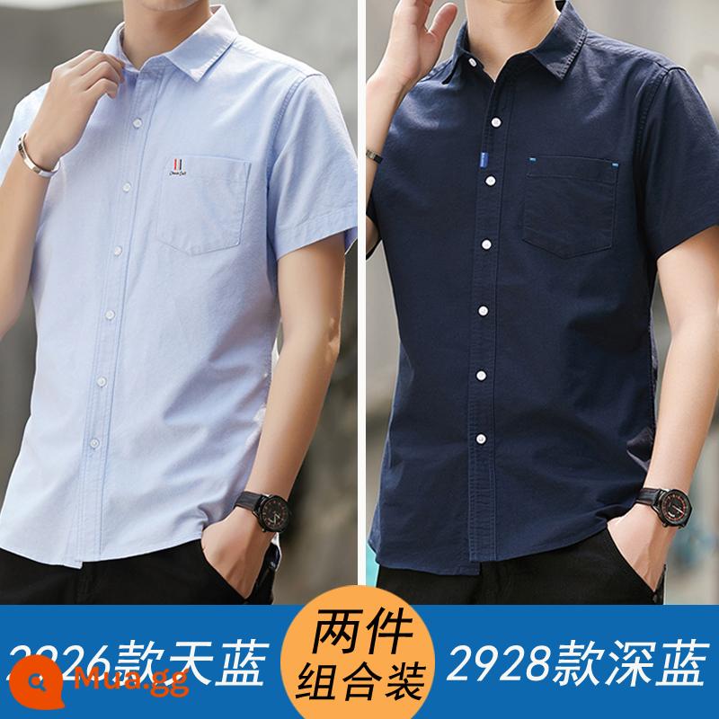 Chim Gõ Kiến Áo Sơ Mi Nam Ngắn Tay Mùa Hè Màu Trắng Sơ Mi Cotton Nguyên Chất Cotton Top Quần Áo Công Sở Slim Nam Inches - 2926 xanh da trời và 2928 xanh đậm 100% cotton nguyên chất thoáng khí