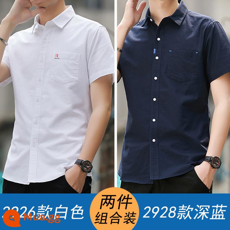 Chim Gõ Kiến Áo Sơ Mi Nam Ngắn Tay Mùa Hè Màu Trắng Sơ Mi Cotton Nguyên Chất Cotton Top Quần Áo Công Sở Slim Nam Inches - 2926 trắng và 2928 xanh đậm 100% cotton nguyên chất thoáng khí