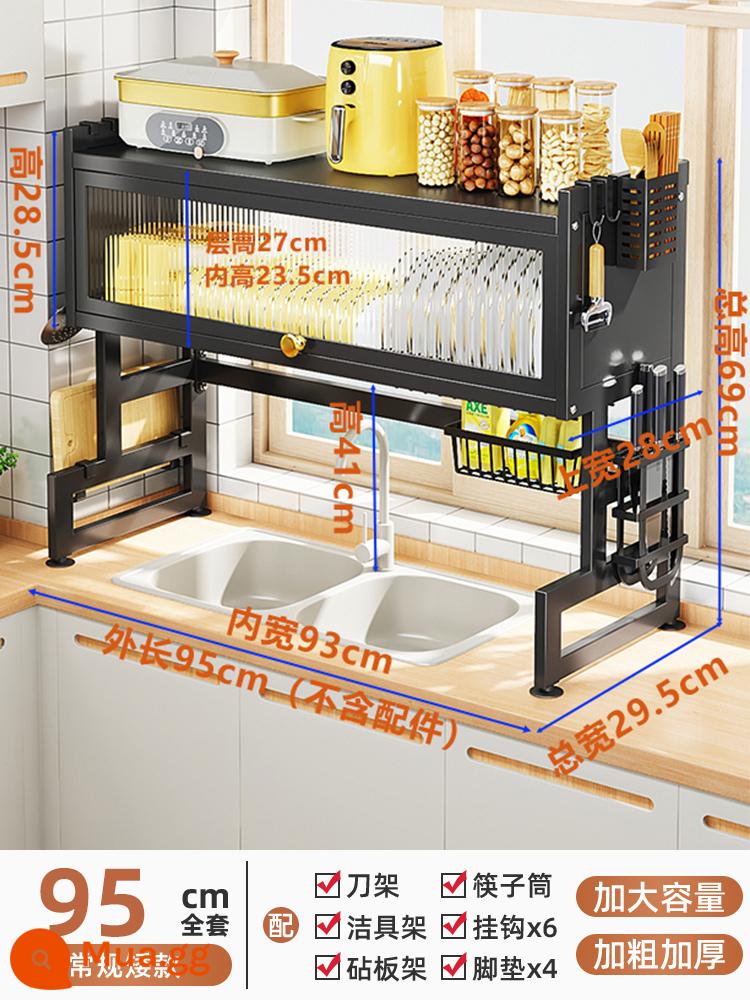 Shuaishi Bồn Rửa Nhà Bếp Giá Hộ Gia Đình Món Ăn Bảo Quản Bồn Rửa Bát Chống Bụi Bát Đĩa Tủ Đa Năng Thoát Nước Giá - *[Đen 95cm-kiểu ngắn] Phong cách sang trọng|Giá chính + Giá để dao + Giá đựng dụng cụ làm sạch + Giá đỡ thớt + Giá đỡ đũa (6 móc miễn phí) Tấm sau trong suốt