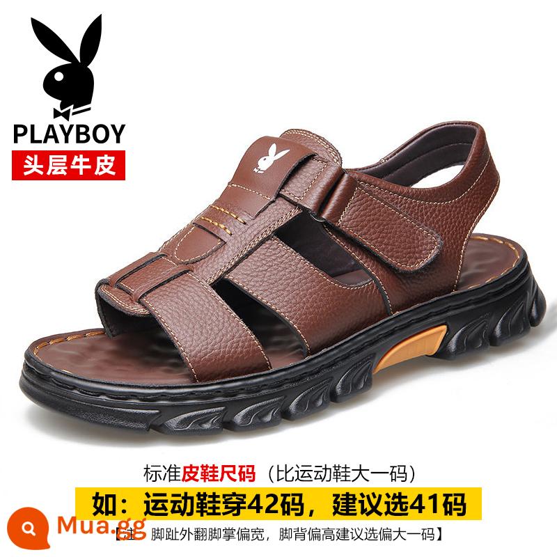 Giày Sandal Playboy 2023 Mùa Hè Mới Thoáng Khí Da Đế Mềm Lái Xe Giày Đi Biển Cổ Chống Trơn Trượt Dép Nam - 2512 màu nâu