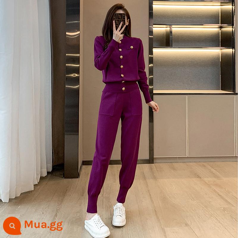 Bộ đồ thể thao thông thường của phụ nữ mùa xuân và mùa thu Slim Slim Thời trang giảm tuổi Áo len dệt kim hai mảnh Western School chất lượng cao - bộ đồ màu tím