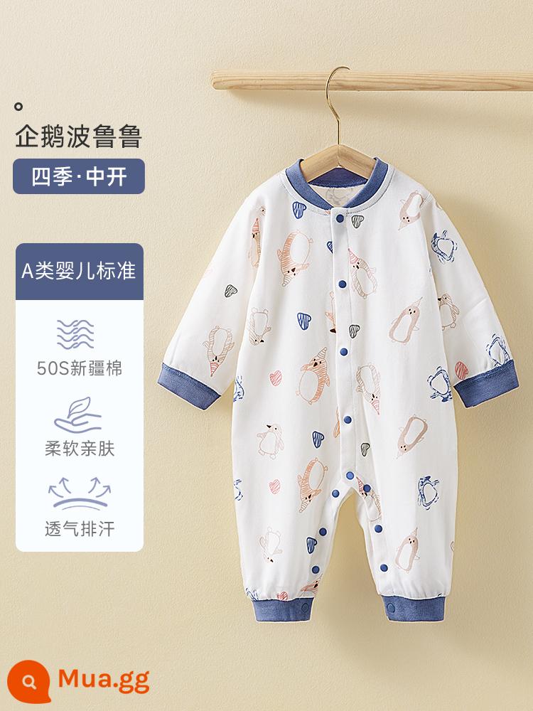 Bộ quần áo trẻ em Bettys mùa xuân và mùa thu áo liền quần sơ sinh cotton nguyên chất áo liền quần bốn mùa bộ đồ ngủ dài tay - Chim cánh cụt Poruru