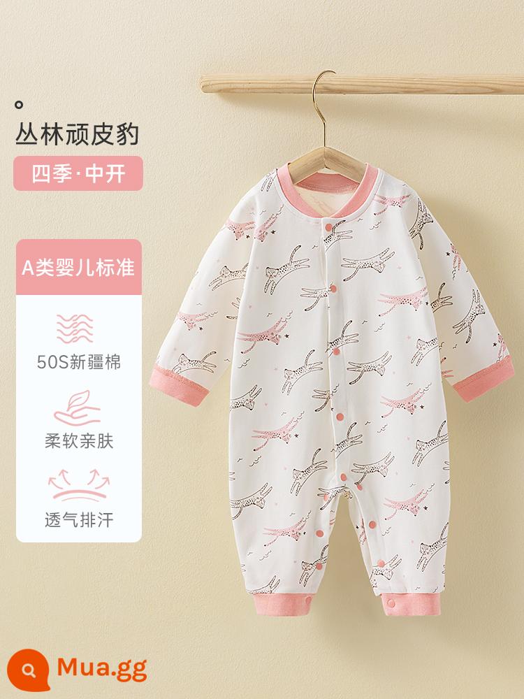 Bộ quần áo trẻ em Bettys mùa xuân và mùa thu áo liền quần sơ sinh cotton nguyên chất áo liền quần bốn mùa bộ đồ ngủ dài tay - Con báo nghịch ngợm trong rừng