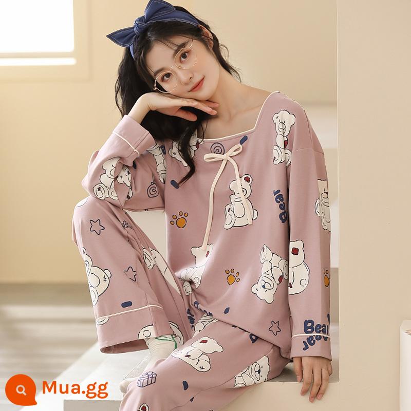 Bộ đồ ngủ nữ phong cách xuân thu 2023 mới cotton dài tay cỡ lớn cotton hè thu đông bộ đồ phục vụ tại nhà - 96372