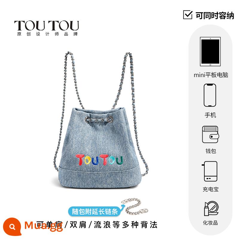 TOUTOU2023 mới thiết kế ban đầu ba lô chuỗi denim đa năng vai đơn túi sát nách mùa hè ba lô nữ - [Hàng có sẵn] Xanh denim