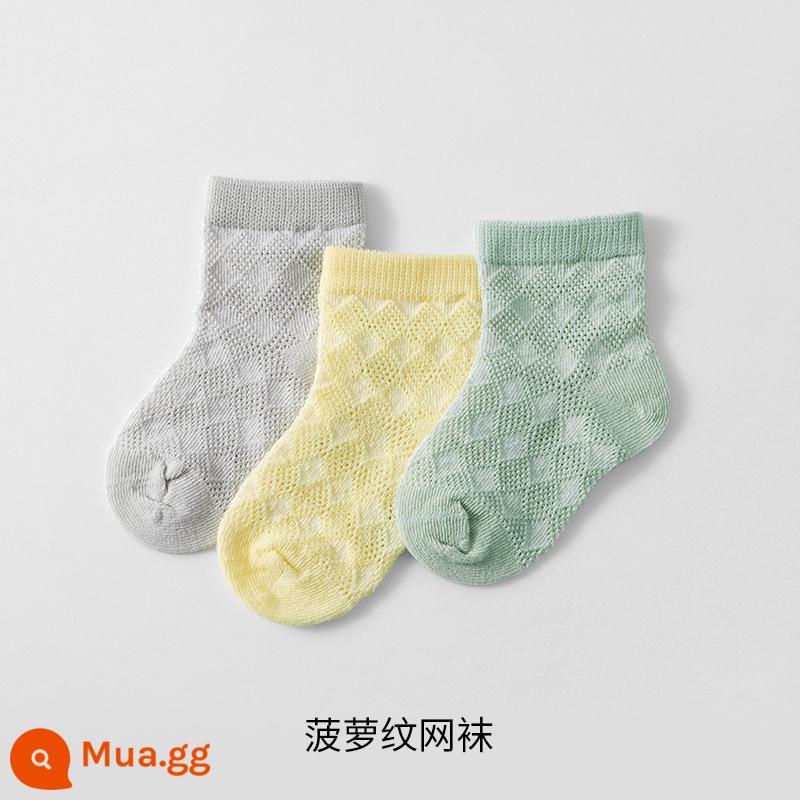 Manxi Tất Cho Bé Mùa Hè Mỏng Cho Bé Thoáng Khí Trẻ Sơ Sinh Bé Trai Và Bé Gái Tầng Tất 0-3 Tháng Cotton - Vớ lưới họa tiết quả dứa (bộ vàng và xanh) (3 đôi)