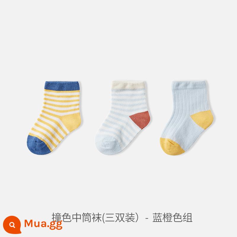 Manxi Tất Cho Bé Mùa Hè Mỏng Cho Bé Thoáng Khí Trẻ Sơ Sinh Bé Trai Và Bé Gái Tầng Tất 0-3 Tháng Cotton - Bộ màu xanh và cam (3 đôi)